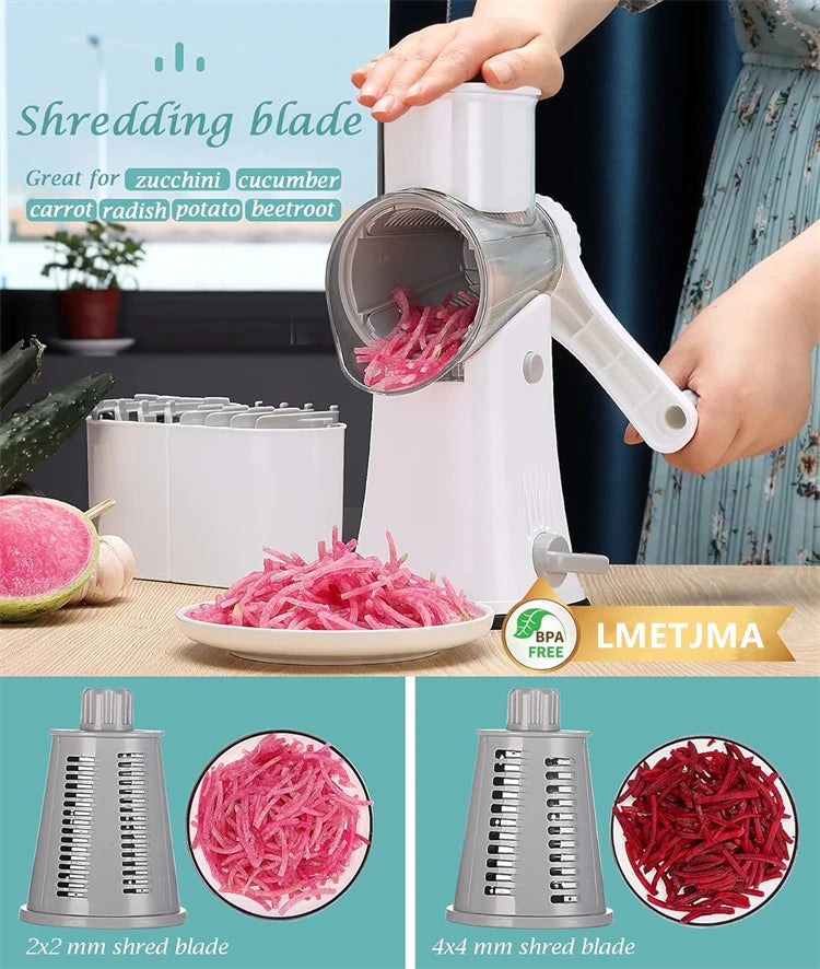 LMETJMA-rallador rotativo de queso 5 en 1, triturador de cocina, Mandolina, rebanador de juliana de verduras, cortador de gofres, picadora de nueces JT247