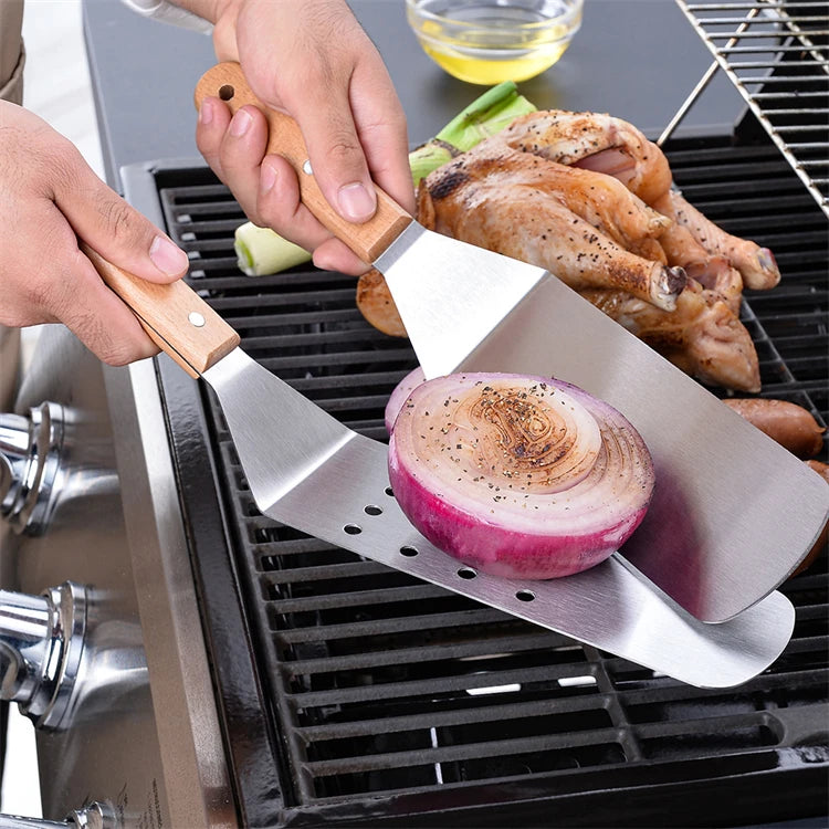 Espátula para plancha al aire libre, espátula para parrilla de acero inoxidable, raspador, espátula plana, aleta para panqueques, volteador de hamburguesas para asar JT596