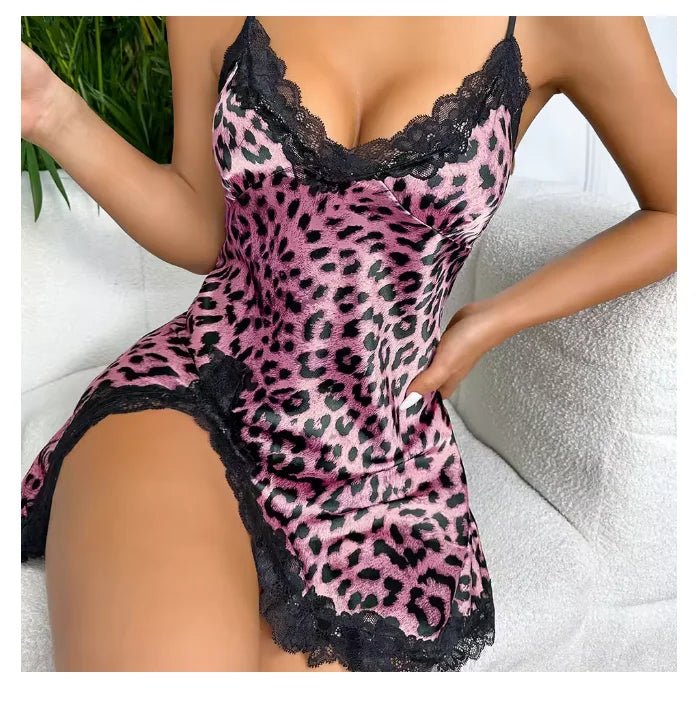 Camisón de satén de seda de leopardo para mujer, ropa de dormir sin mangas con abertura lateral de encaje, ropa de dormir Sexy con cuello en V, ropa de casa para mujer, vestido de pijama de tela