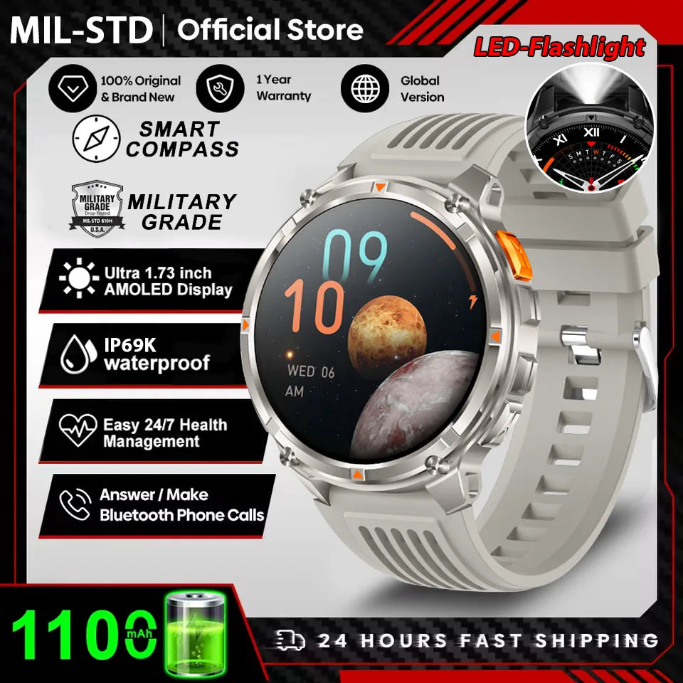 Reloj Inteligente AMOLED 1100mAh con Linterna LED, IP69 y Llamadas Bluetooth