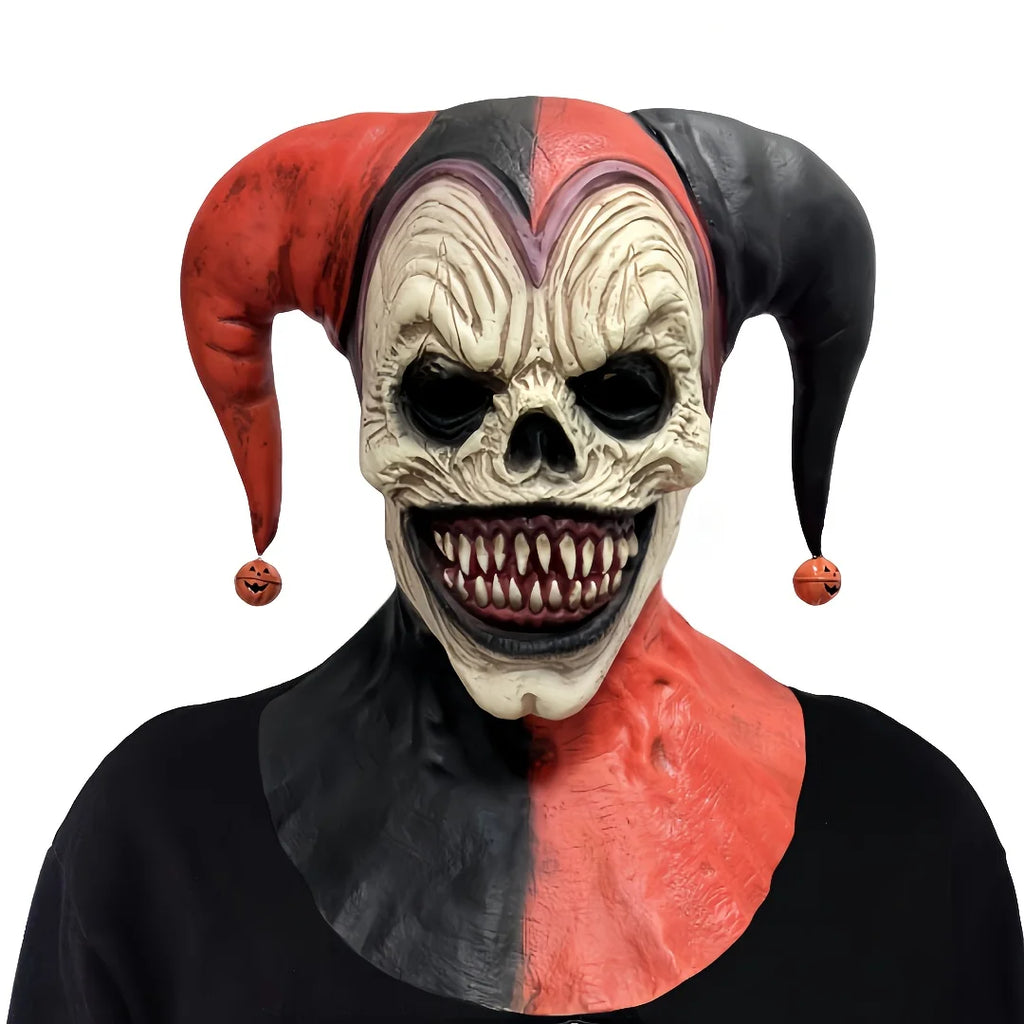 Máscara de payaso amenazante con cuernos, calavera sangrante, Halloween para fiestas de disfraces, casas embrujadas con pendientes de campana, colgantes de calabaza