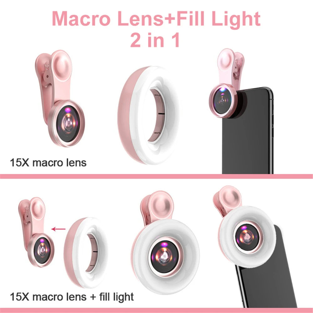 Lente Macro 15X para Teléfono con Anillo LED de Relleno