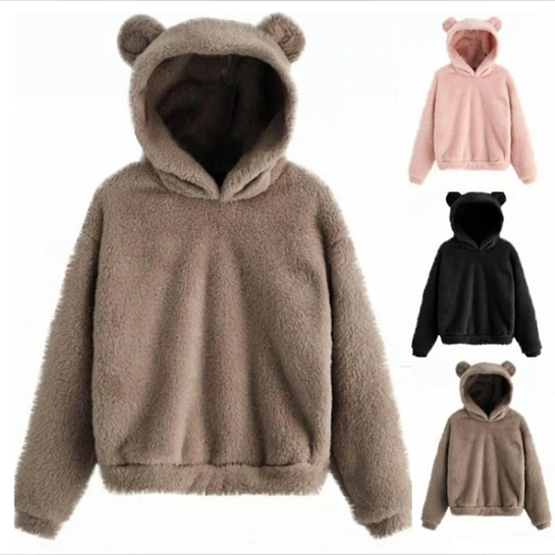 Otoño Invierno sudaderas con capucha de mujer de invierno de manga larga con orejas de conejo sudadera Linda felpa cálida Casual Sudadera con capucha Tops