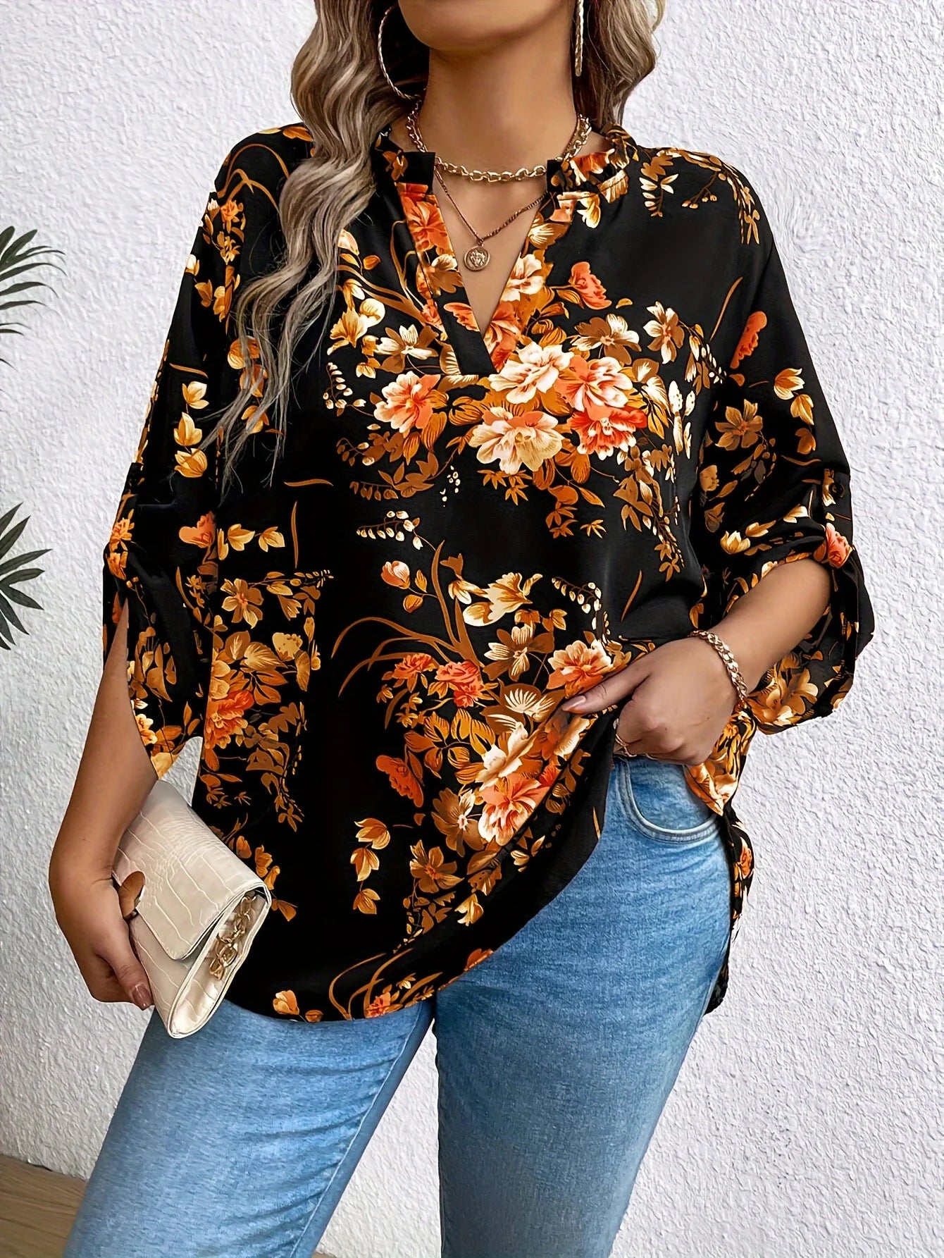 Blusas Elegantes de Talla Grande para Mujer, Cuello en V, Manga Larga, Informal