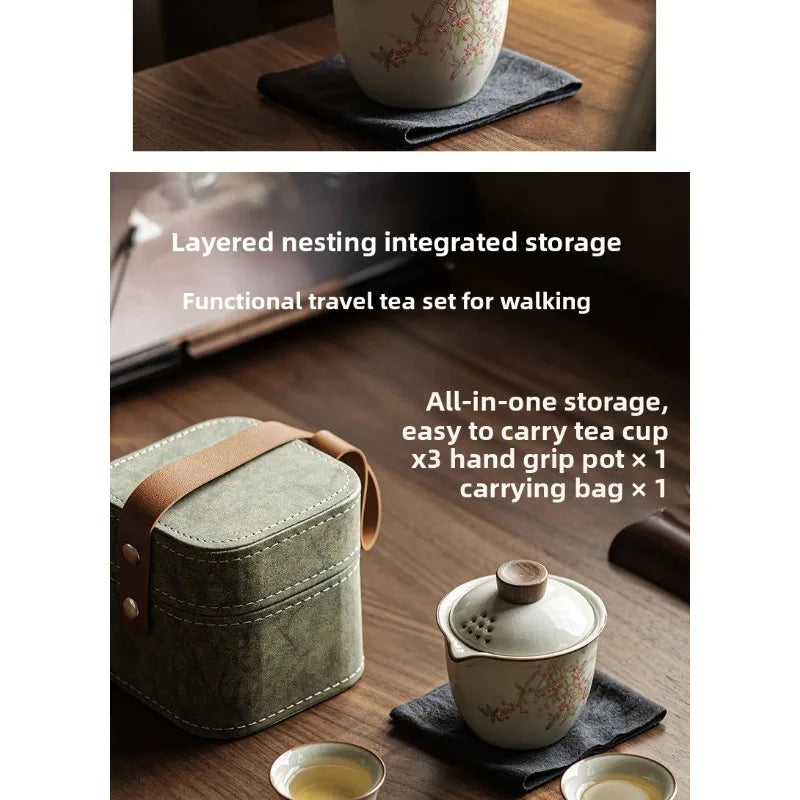 Set de tetera de viaje con tres tazas de cerámica y bolsa de almacenamiento para camping