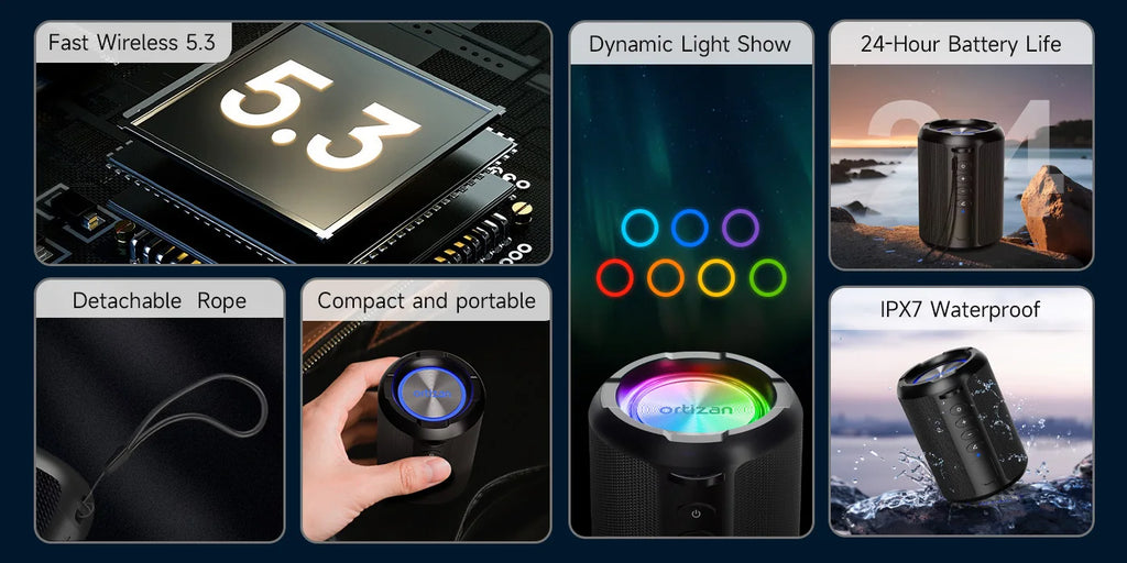Altavoz Bluetooth inalámbrico Ortizan X9S, resistente al agua IPX7, luces RGB
