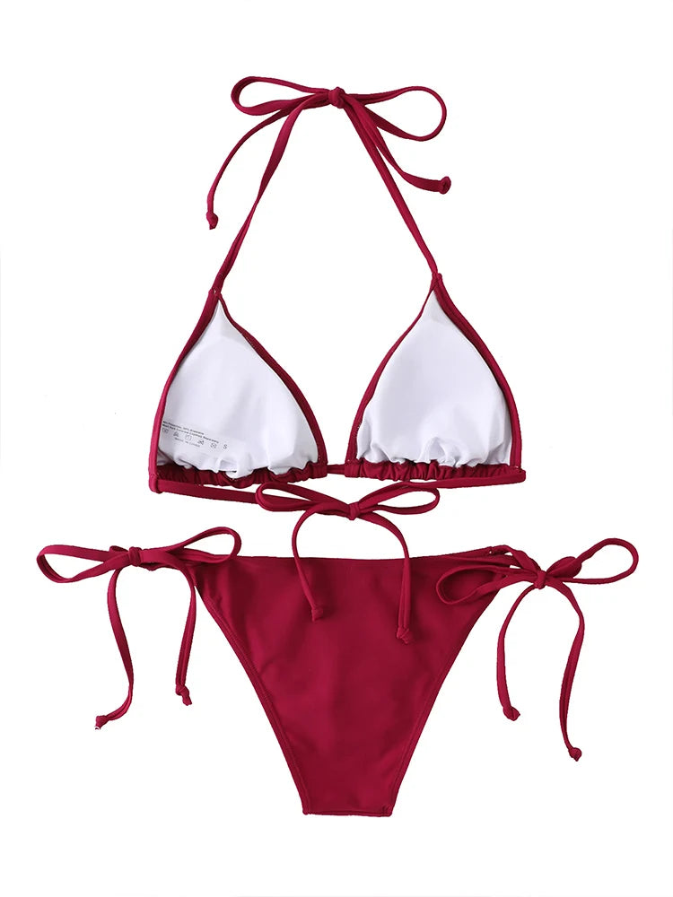 Conjunto de Bikini con Tanga para mujer, traje de baño Sexy con cordones laterales, traje de baño con lazo en el cuello, ropa interior de Bikini de estilo brasileño ajustable
