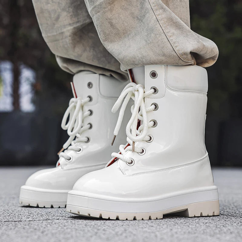 Botines de charol para hombre con cordones y suela gruesa antideslizante