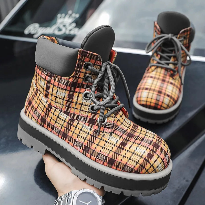 Botas de tobillo a cuadros para hombre con cordones y suela antideslizante