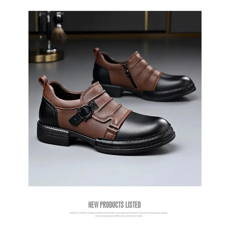 Mocasines con hebilla y cremallera para hombre, cuero genuino, tacón cuadrado