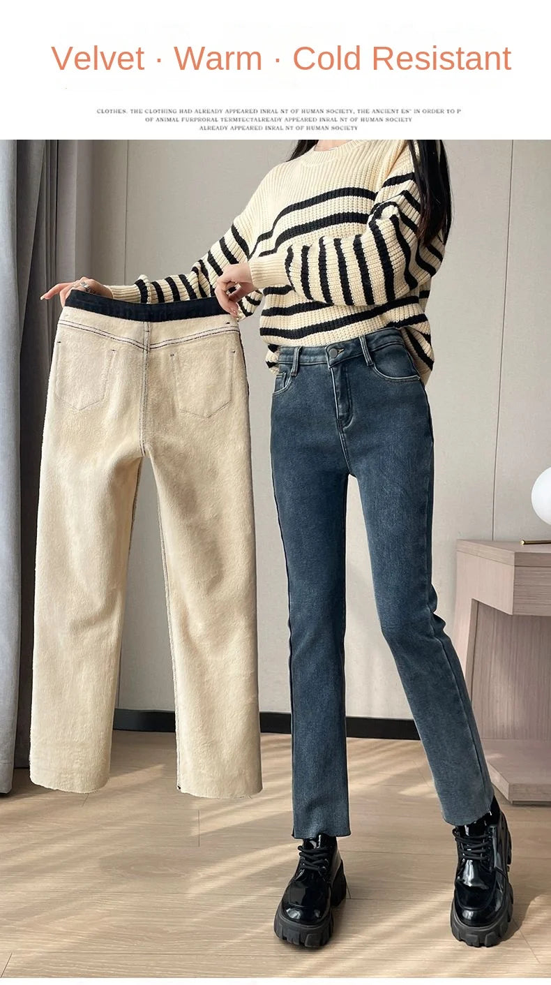Pantalones Vaqueros Y2K con Forro Polar para Mujer, Cintura Alta, Pierna Recta