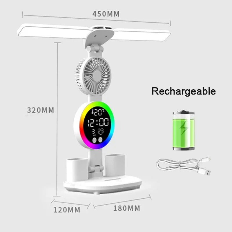 Lámpara de Mesa LED con Ventilador, Reloj y Pantalla