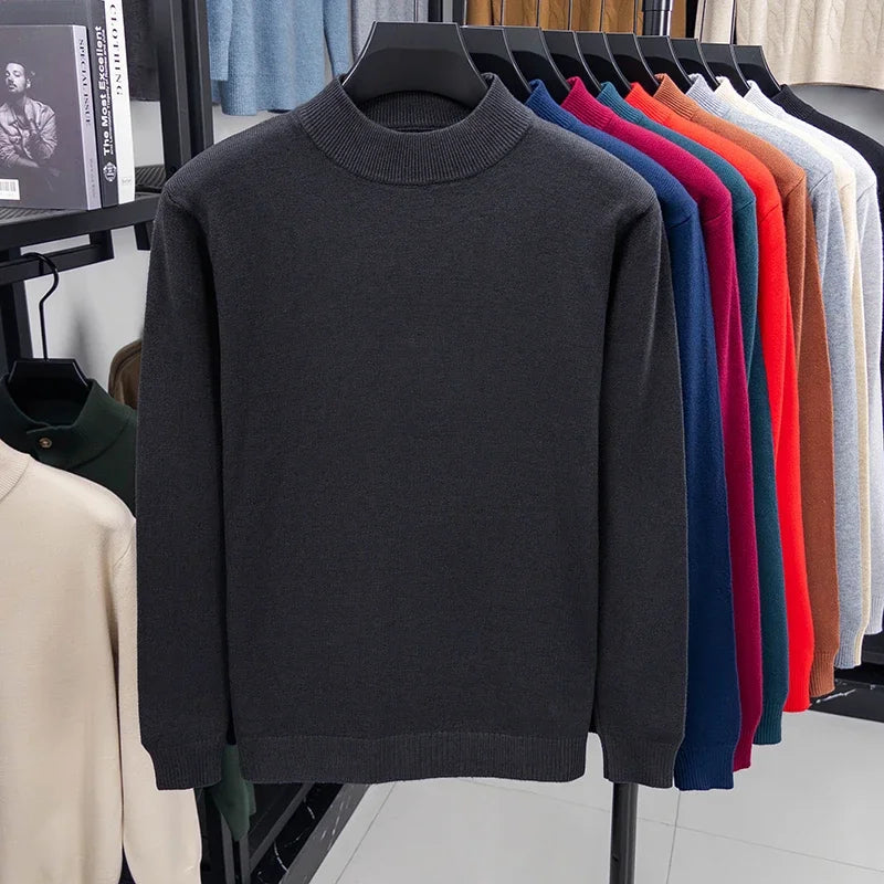 Suéter de punto de medio cuello alto para hombre, jersey de Color sólido con cuello simulado, sudadera informal de Otoño/Invierno, ropa de marca para hombre