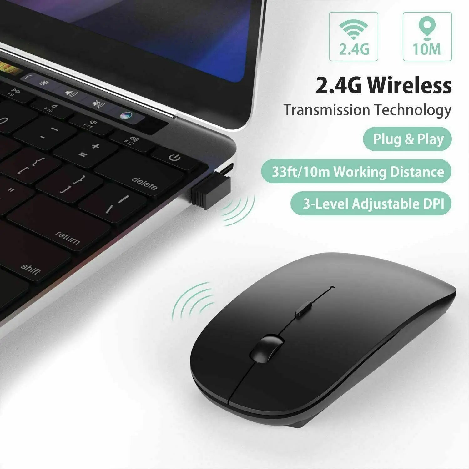 Ratón inalámbrico delgado, ratón óptico de 2,4 GHz, 1600DPI, ratón silencioso para Gamer, ratón de diseño ergonómico con receptor USB para PC y portátil