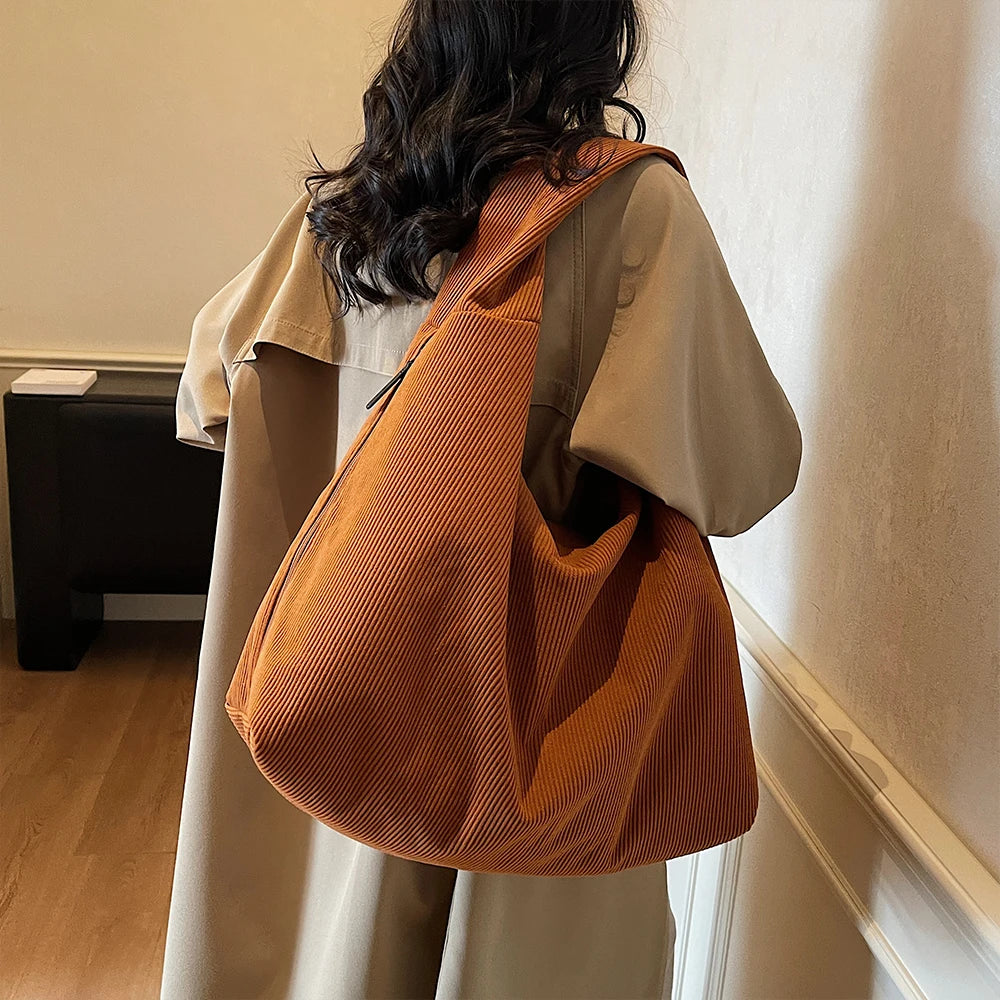 Bolso de Hombro Vintage de Pana, Gran Capacidad con Múltiples Bolsillos