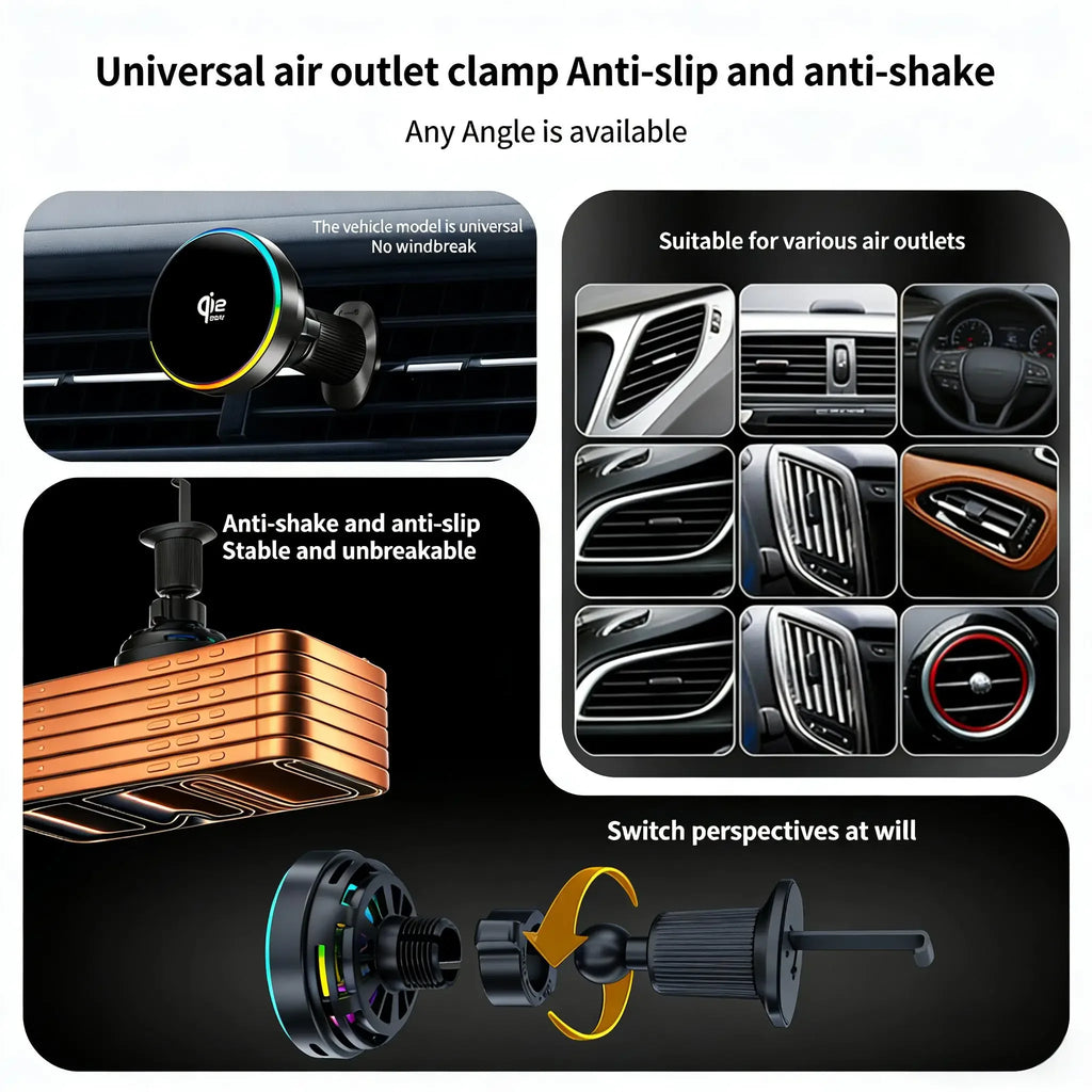 Cargador Magnético para Coche Qi2 de 25W con Luz RGB, Soporte para Rejilla de Ventilación con Carga Rápida y Refrigeración para iPhone 17 Pro Max