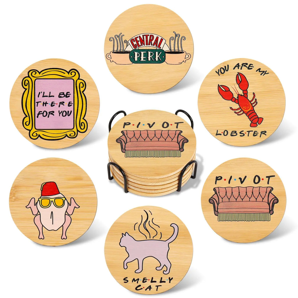 Juego de 6 posavasos de madera con soporte, decoración acogedora para el hogar, diseño de gato y langosta, posavasos decorativos para mesa de comedor