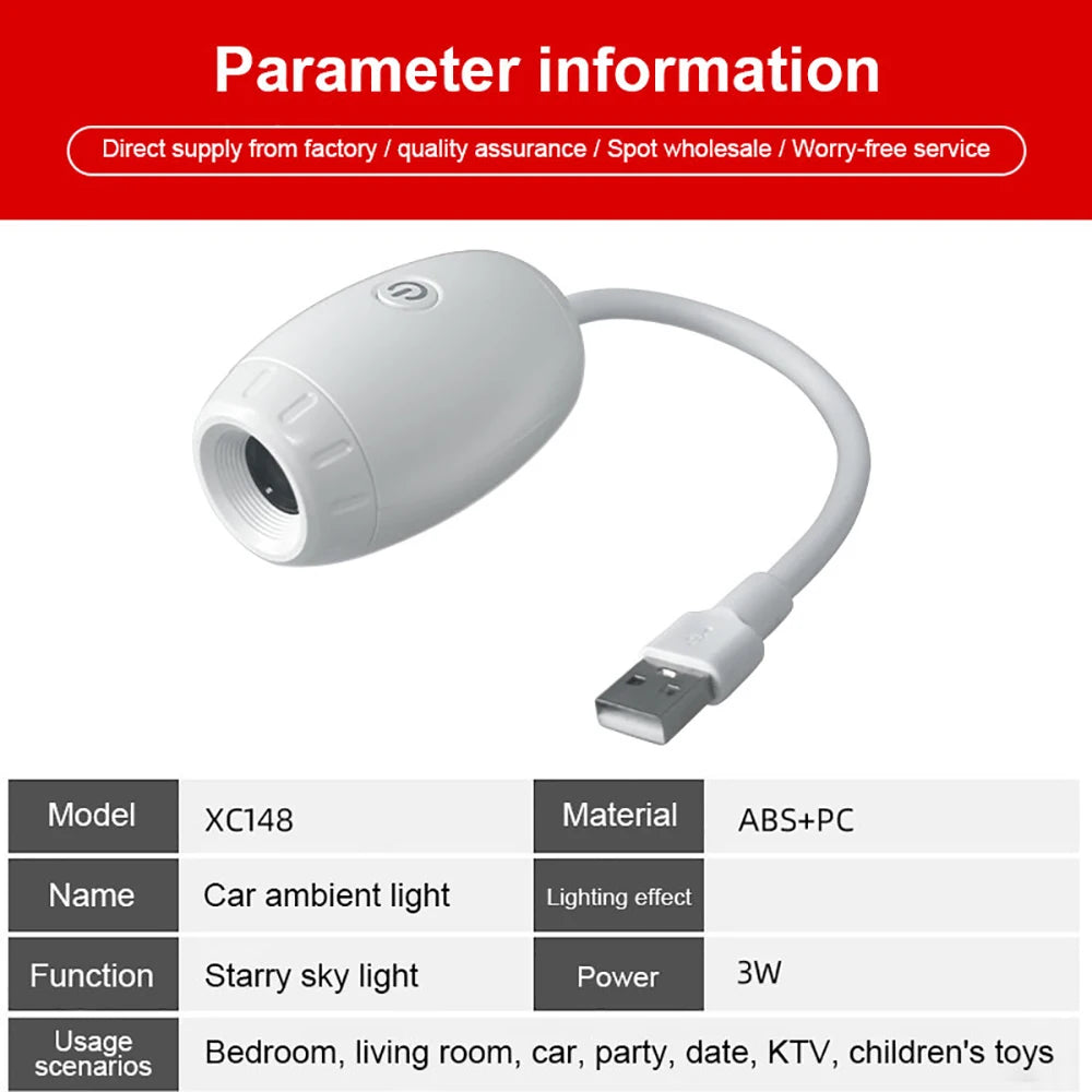 Luz Proyectora Ambiental USB para Auto, Luz Interior LED con Efecto de Cielo Estrellado, Decoración Romántica para Fiestas, Luz de Galaxia Saturno