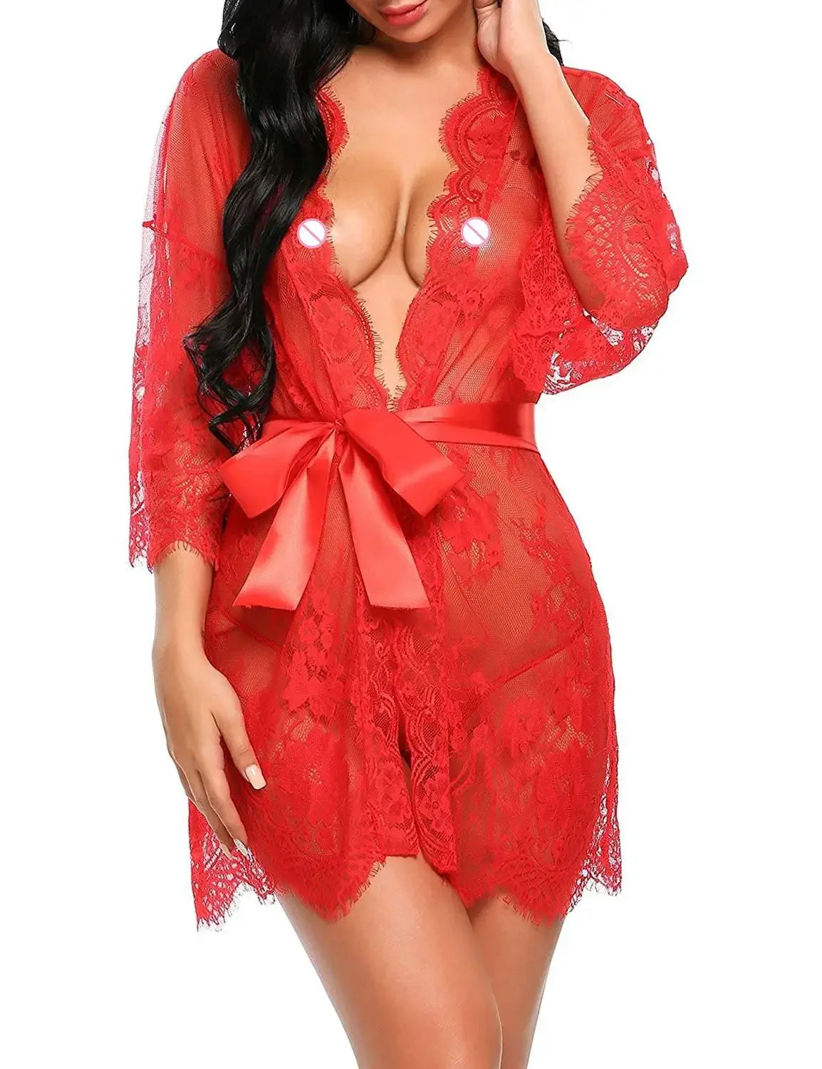 Babydoll Transparente con Cuello en V, Tanga de Encaje para Mujer