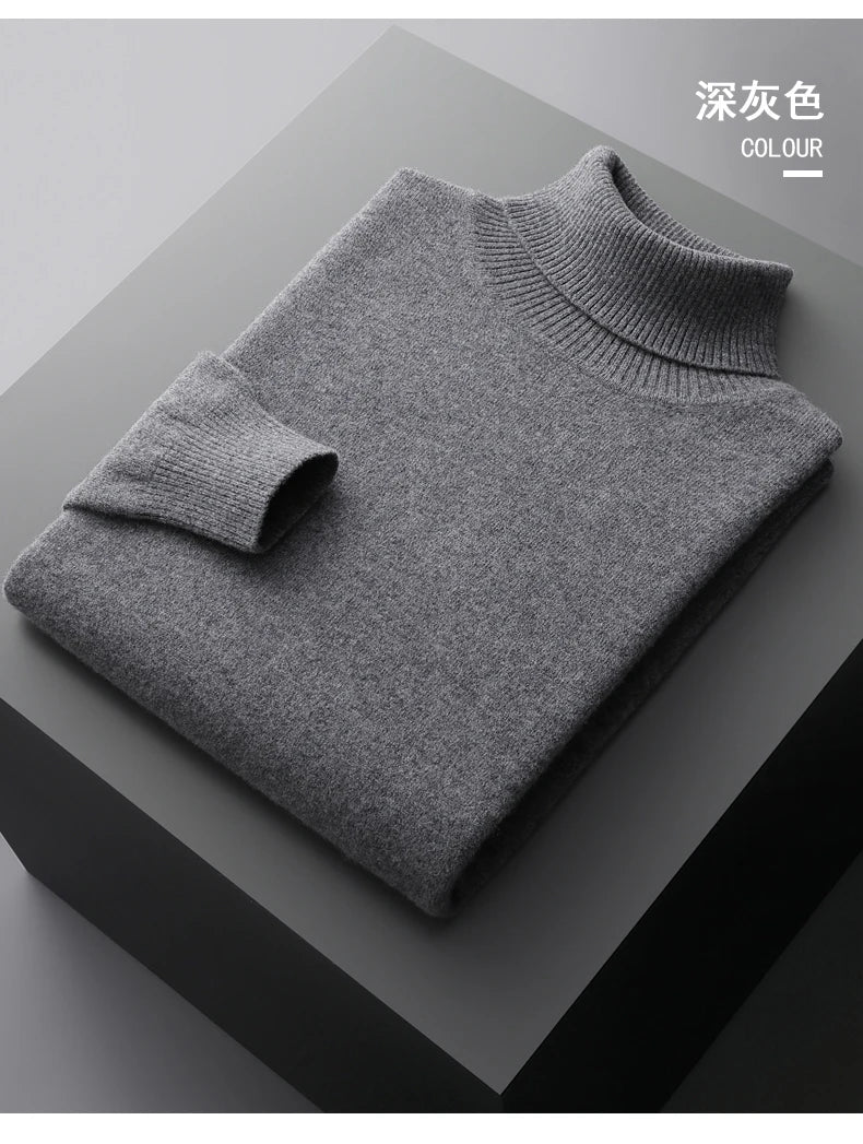 Suéter de cachemira Merina para hombre, Jersey de punto acolchado, cálido, cuello de tortuga, abrigo holgado de talla grande, otoño e invierno, 100%