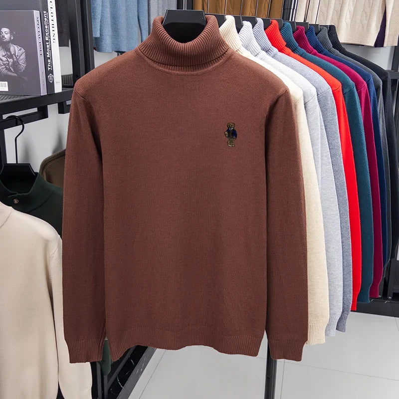 Suéter de Punto de Manga Larga para Hombre, Diseño de Alta Gama, Estampado de Oso, Cuello Alto, Estilo Informal, Versátil, Cálido y Moderno