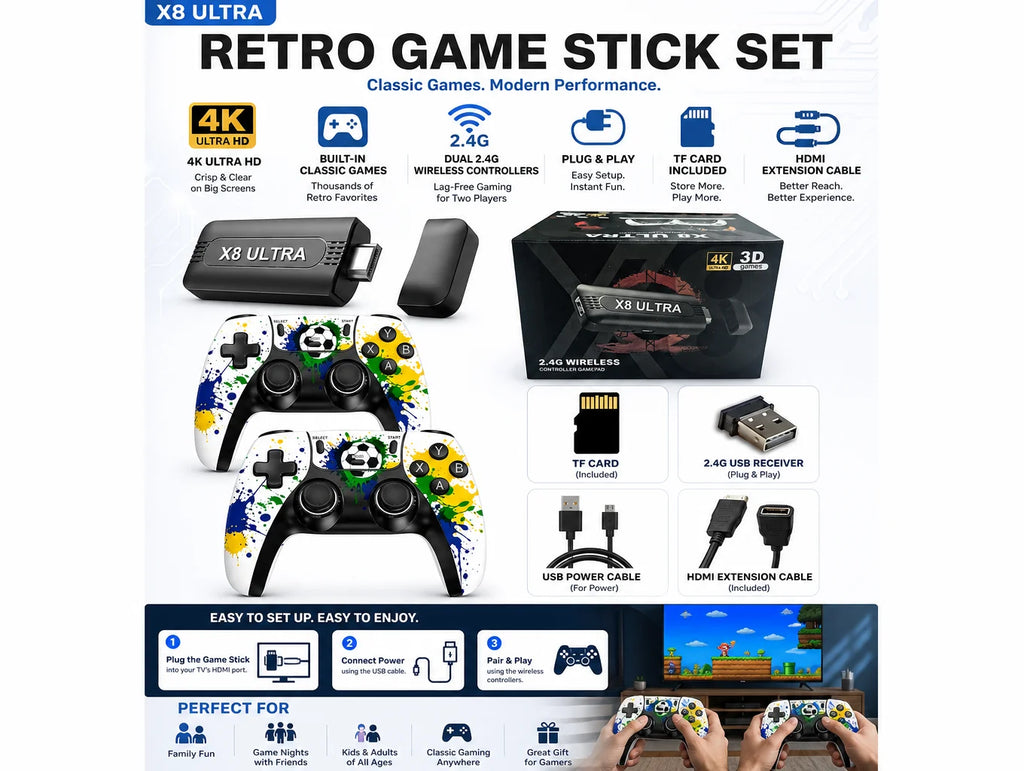 Consola de juegos retro X8 Ultra 4K HD 2026 con más de 50000 juegos, 45 emuladores de PS1, N64, arcade, mando inalámbrico 2.4G, Plug & Play, ideal para la televisión y como regalo para toda la familia.