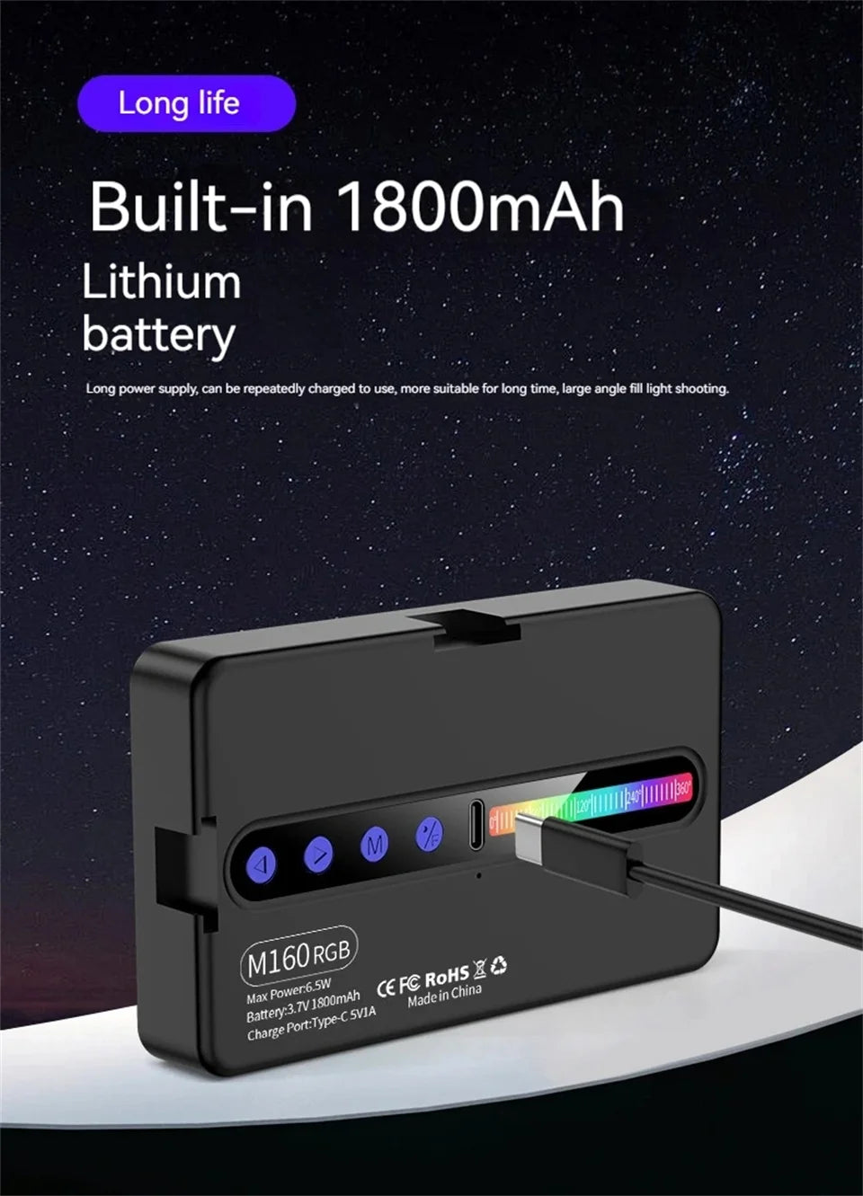 Luz LED RGB para cámara, Kit de luz de vídeo con salida a todo Color, regulable, 2700K-6500K, Panel de luz bicolor CRI 95+, recargable, 1800mAh