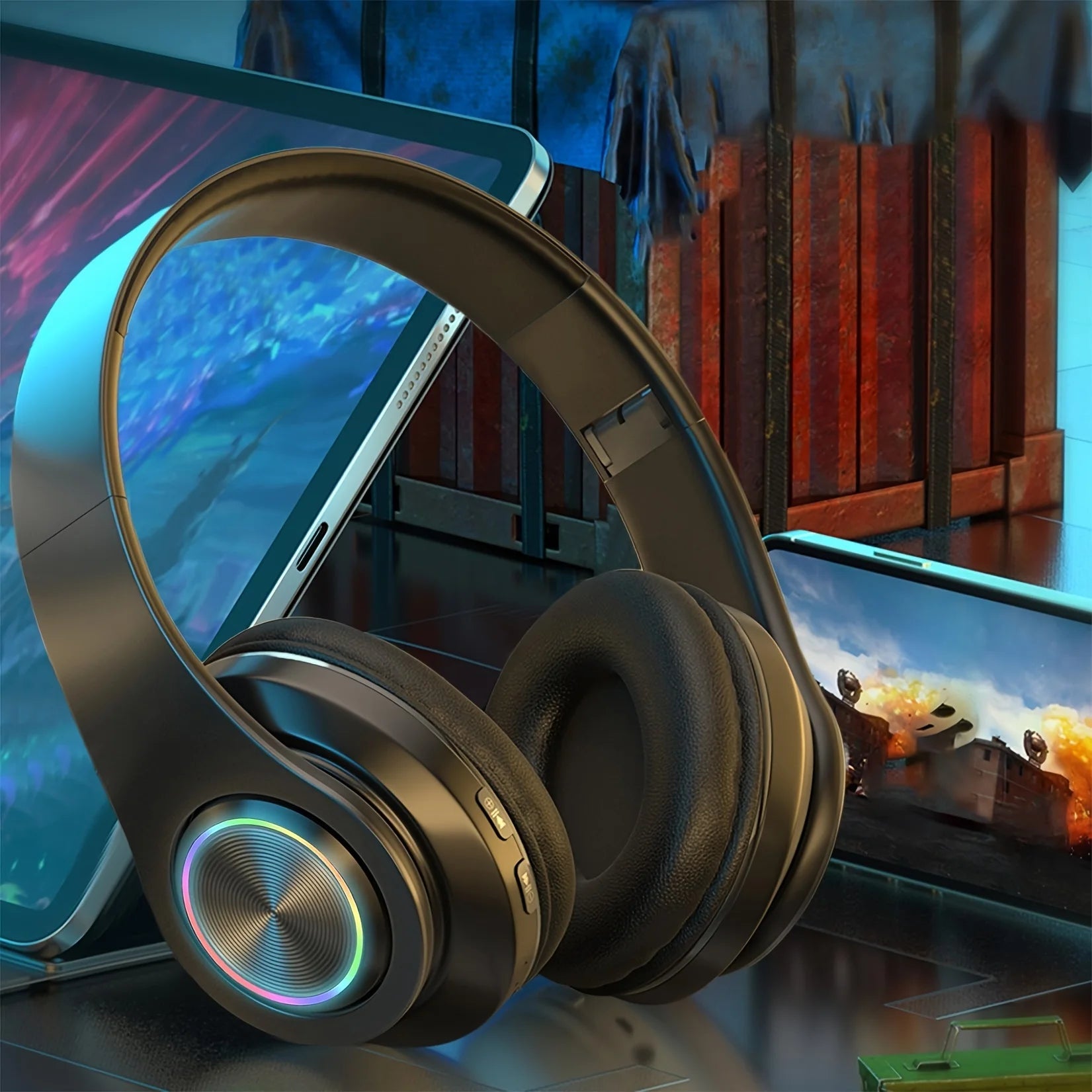 Auriculares inalámbricos sobre la oreja: cancelación activa de ruido, graves profundos, luz LED, diseño plegable portátil para música, deportes y juegos