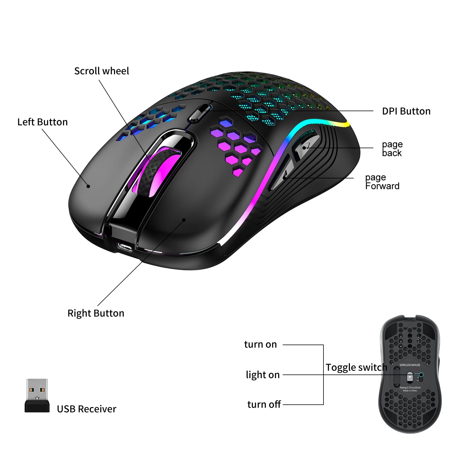 Ratón inalámbrico para juegos Honeycomb 2,4G USB ratón inalámbrico RGB ratón de juego de PC recargable con luces LED, Paracord sin arrastre, Ergon