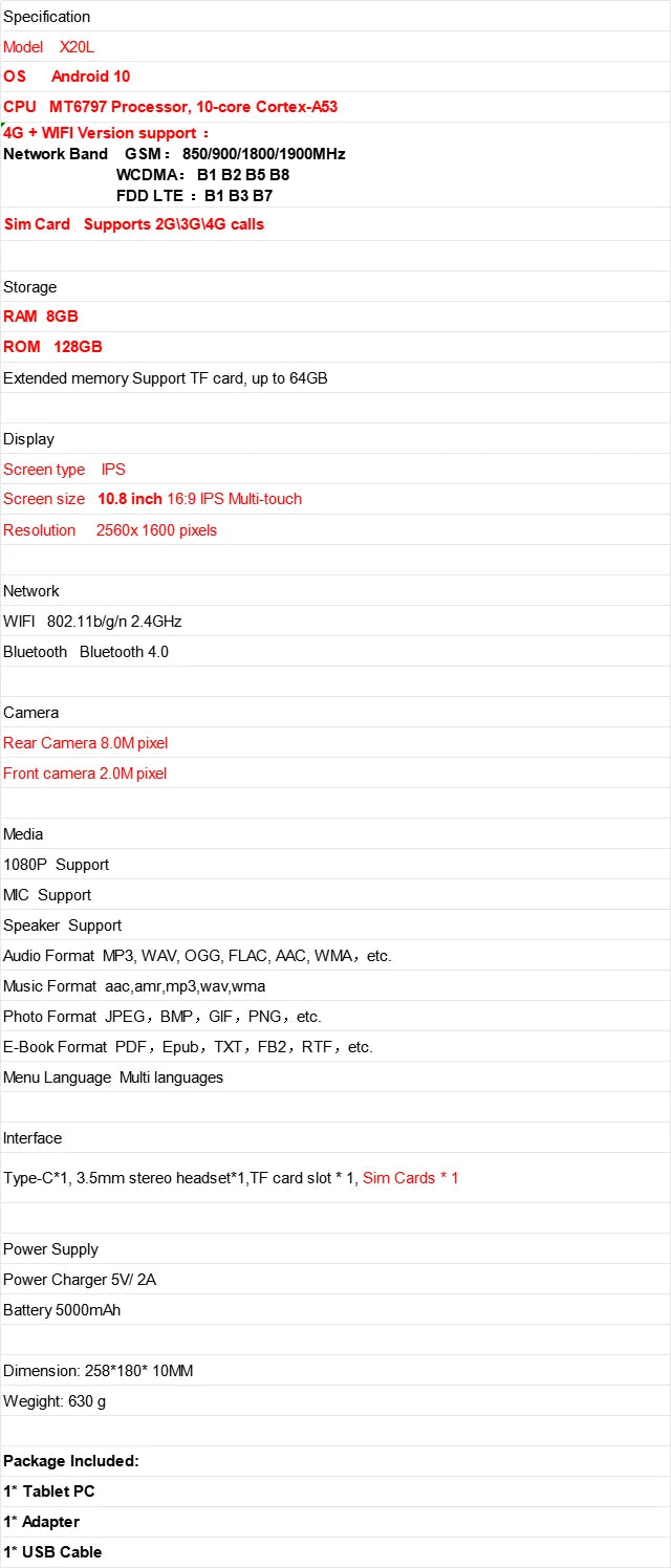 Tablet Android 10 de 10.8 Pulgadas con 8GB de RAM y 128GB de ROM, Compatible con Llamadas 2G/3G/4G, Tipo-C, Cámara Dual, Procesador MT6797 de 10 Núcleos, 2560x1600 Píxeles, 1 Ranura para Tarjeta SIM