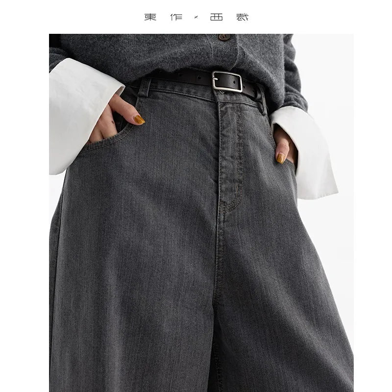 Jeans Americanos Retro de Cintura Alta para Mujer, Pierna Ancha con Acabado Desgastado