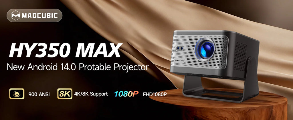 Proyector Magcubic Android 14, 900 ANSI, Enfoque Automático, 8K Nativo, 1080P, con Wifi 6, BT 5.4, HY350Max, para Películas, Uso en Exteriores, Proyección Multiángulo