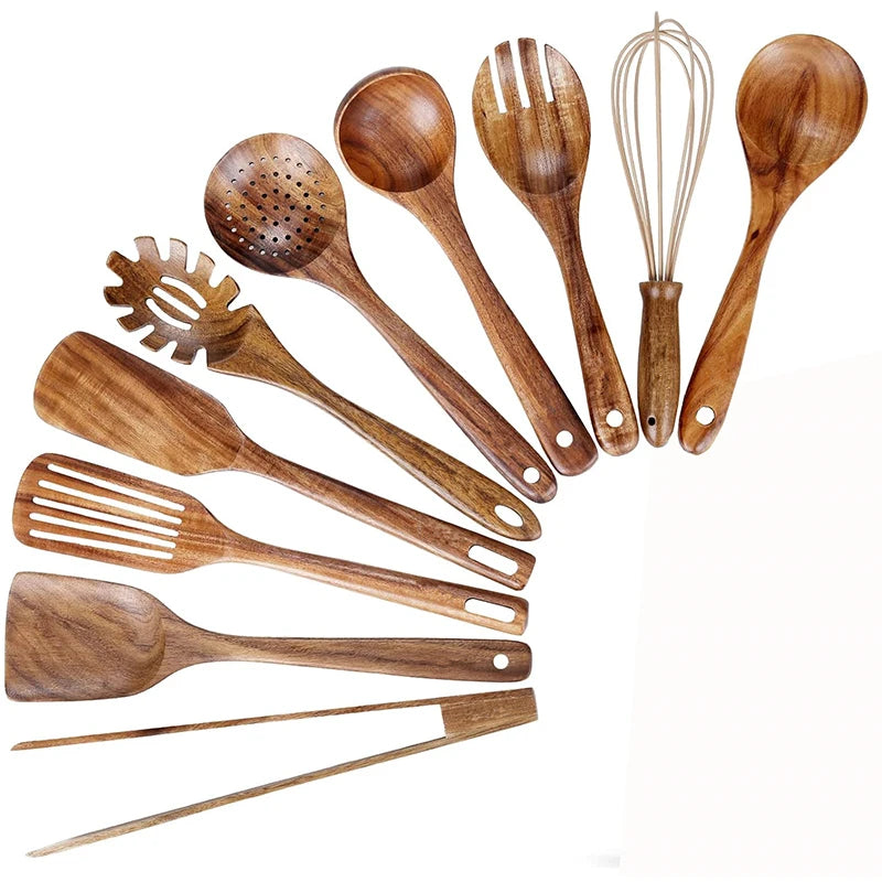 LMETJMA Paquete de 10 utensilios de cocina de madera de teca Natural, juego de utensilios de cocina con espátula y cucharas de madera para cocinar y hornear JT503