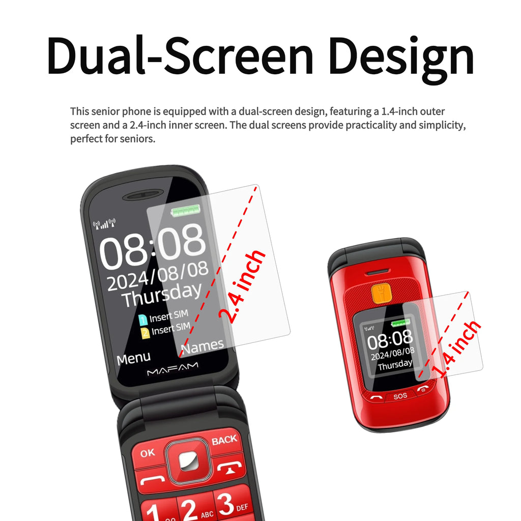 Mafam F899 Senior Flip Feature Phone Dos pantallas 2 Sim Botón grande SOS Dial Antorcha Clamshell Móvil Estilo retro 15 días Larga modo de reposo