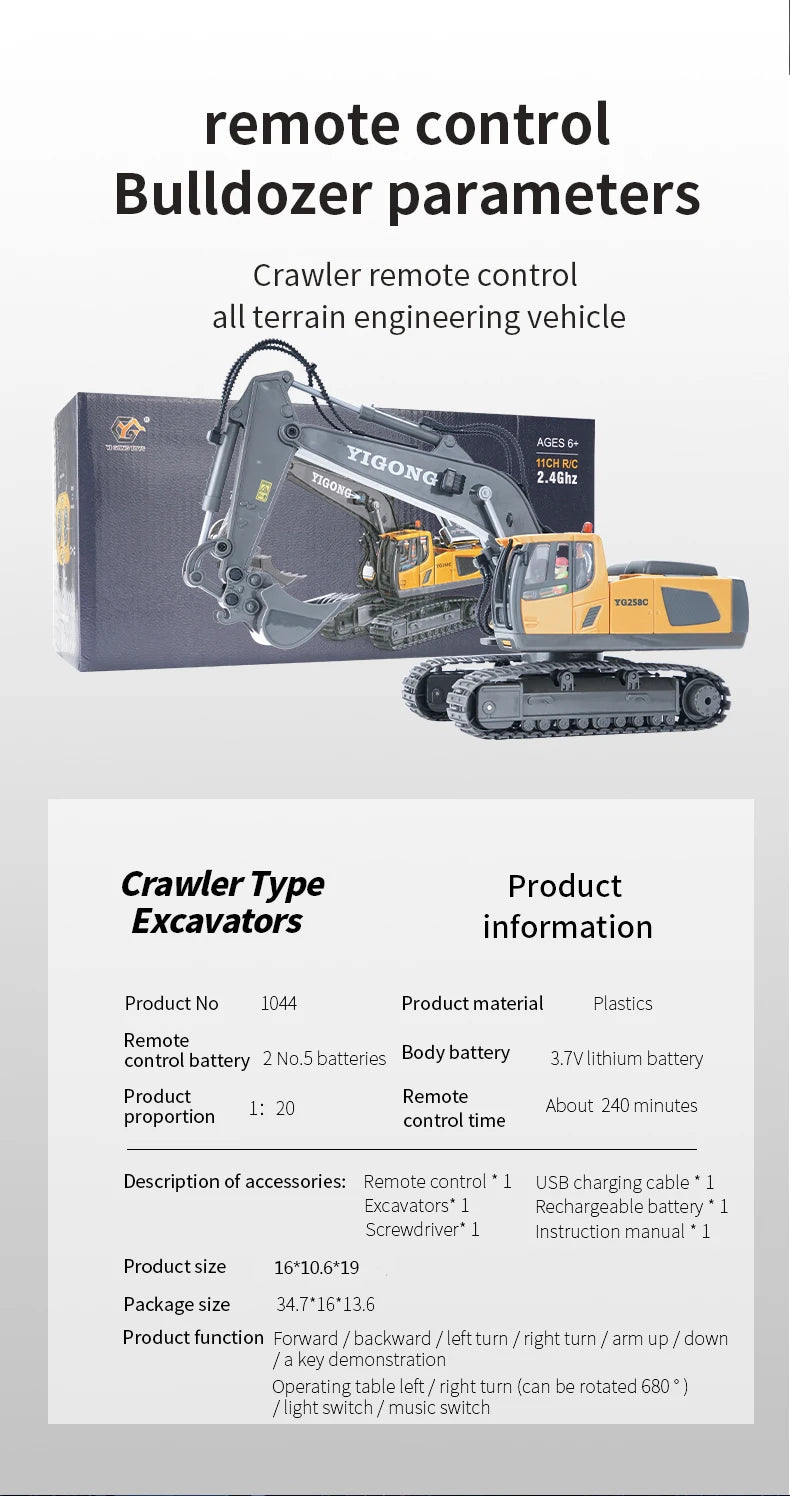 Excavadora RC 1:20 con Volcador y Bulldozer, Luz y Música