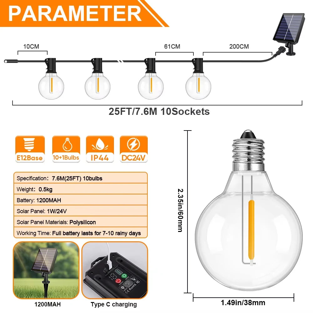 Guirnalda de Luces Solares G40 para Exteriores, Impermeable IP44, 7.6 a 30M