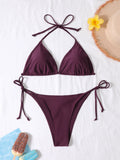 Conjunto de 2 Piezas de Bikini Sencillo y Sexy para Mujer, Traje de Baño de Verano de Color Sólido con Tirantes, Espalda Descubierta, Tanga con Tiras Laterales