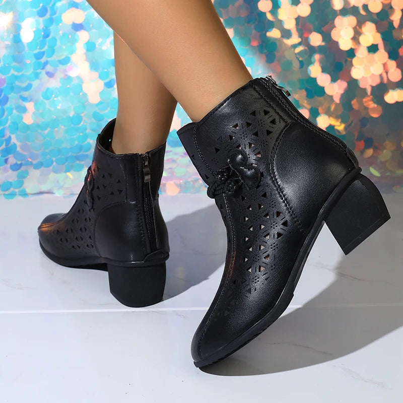 NOVEDAD DE VERANO 2025, botines de tacón medio con suela suave y agujeros a la moda para mujer, zapatos cómodos transpirables Retro