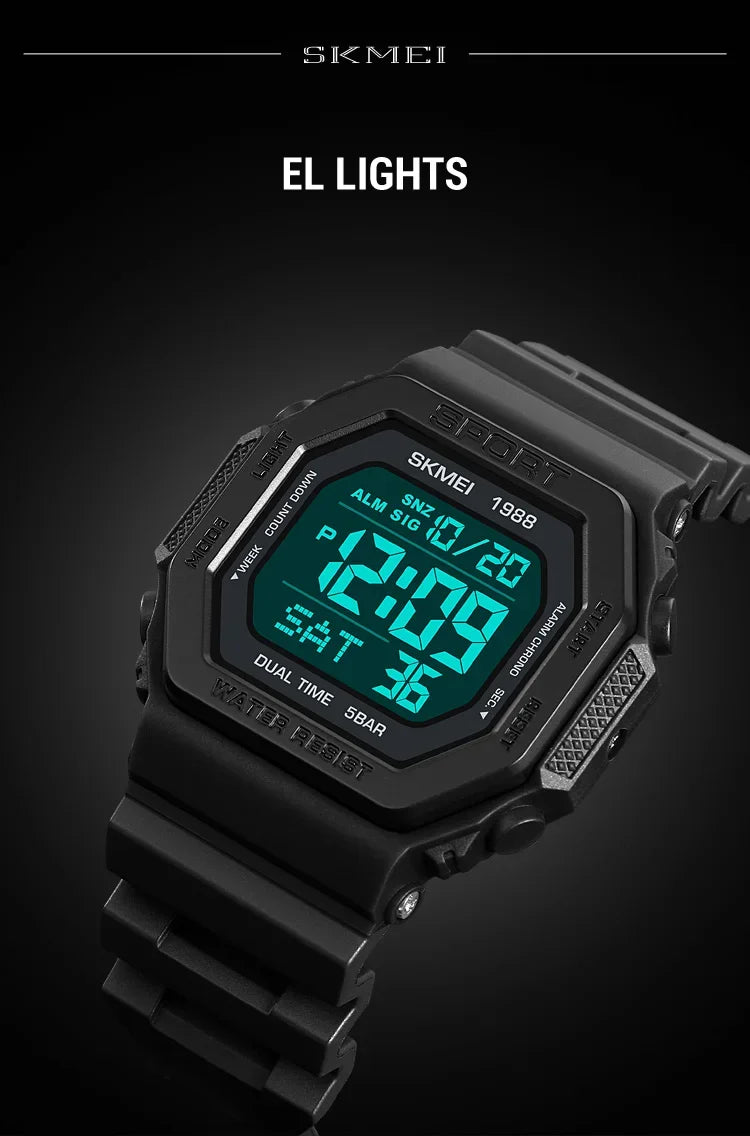Reloj deportivo Digital SKMEI 1988 para Hombre, pantalla LED, relojes de pulsera militares con cuenta atrás, Reloj impermeable para Hombre 1628