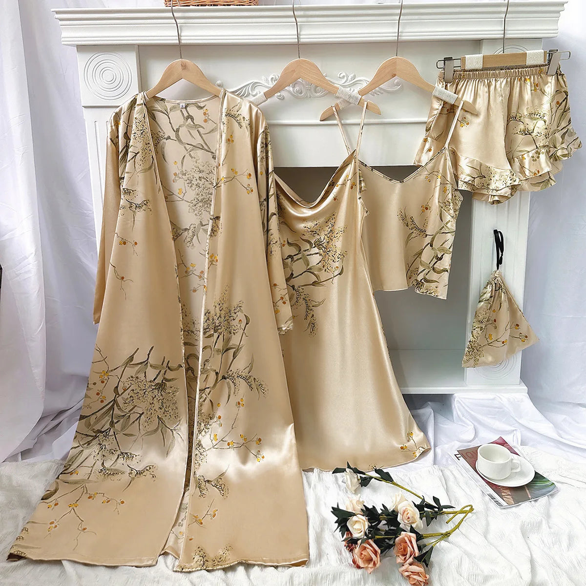 Conjunto sencillo de cinco piezas para el hogar con pijama estampado de cereza, camisón fino para mujer, pantalones cortos tipo camisola, conjunto de falda camisola