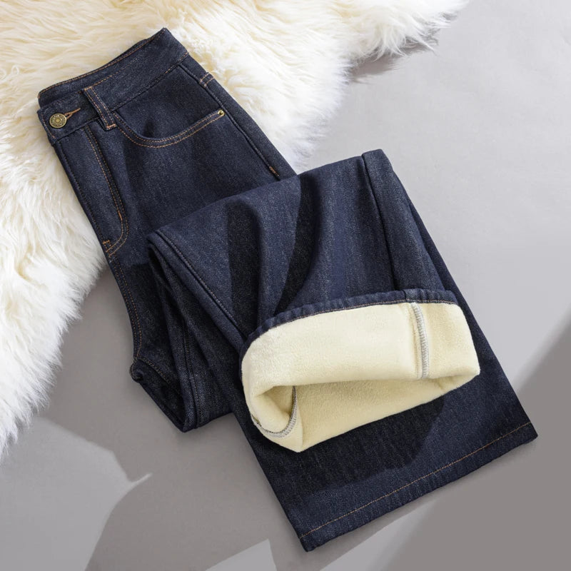 Pantalones Vaqueros Y2K con Forro Polar de Pierna Ancha