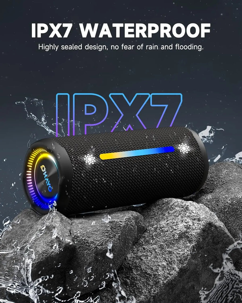 Ohayo Altavoces Bluetooth portátiles para acampar con sonido fuerte de 35 W, resistente al agua IPX7, luces LED