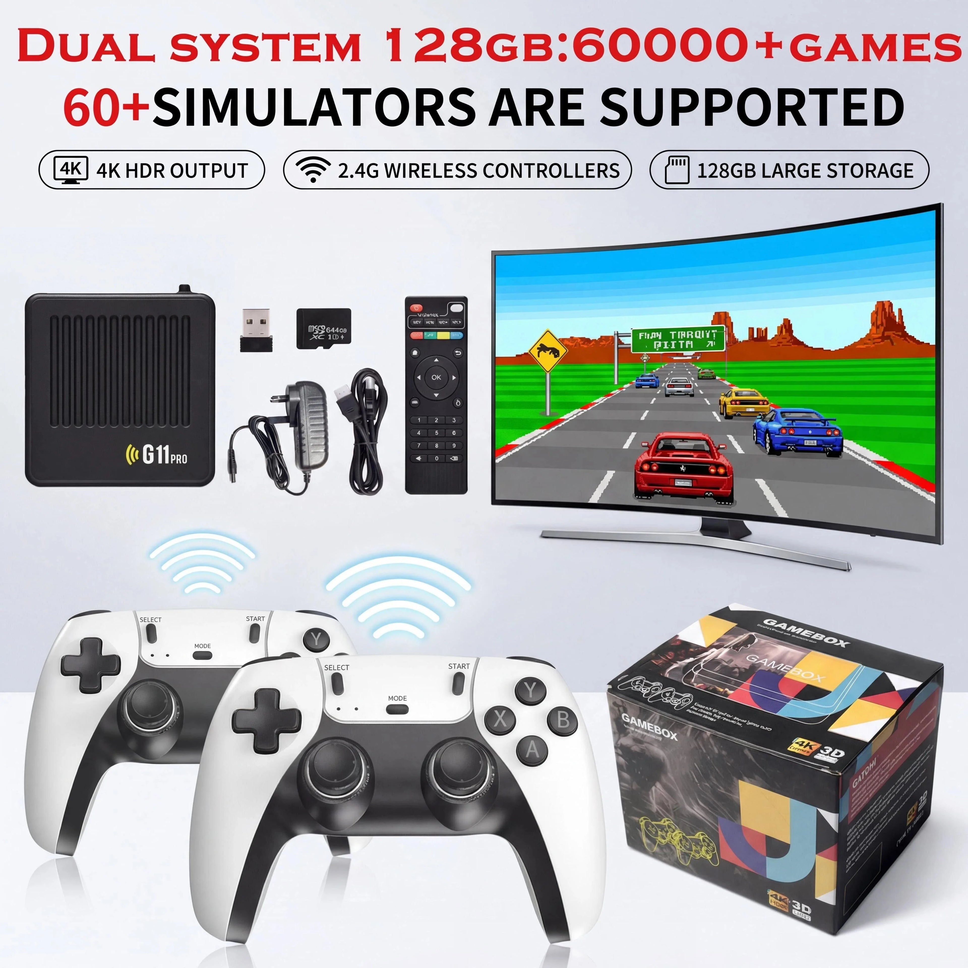 Reproductor multimedia y de juegos portátil G11 PRO 2 en 1 con pantalla 4K HD, chip de rendimiento estable, gran cantidad de juegos clásicos y casuales preinstalados y mandos inalámbricos; ideal para reuniones familiar