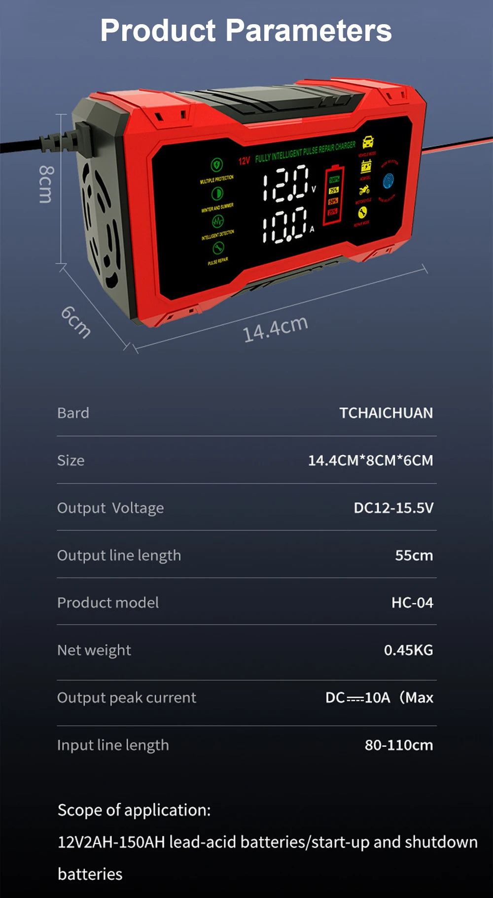 Cargador de batería inteligente para auto 12V 10A con reparación por pulsos