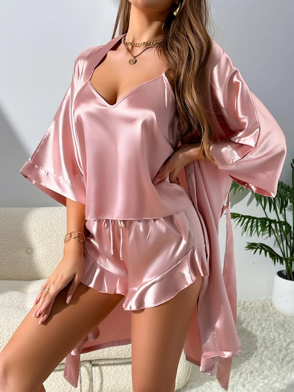 Pijama de 3 Piezas para Mujer con Bata – Conjunto Sexy Otoño