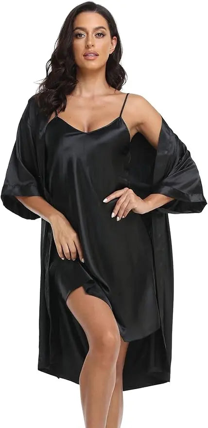 Conjunto de pijamas de seda de lujo para mujer, bata de manga larga, falda holgada cómoda, pijamas para mujer, conjunto de dos piezas