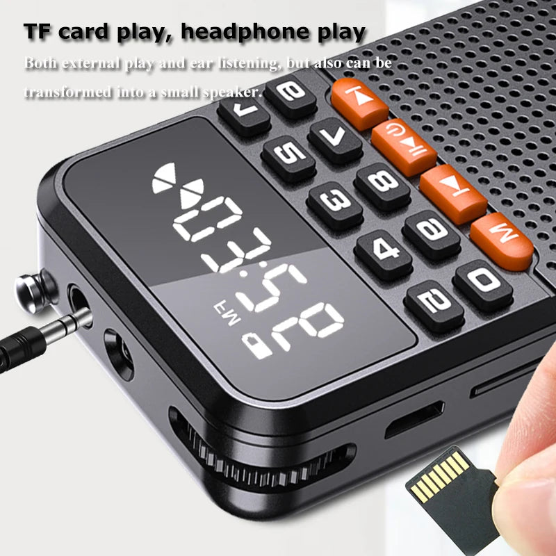 Mini Radio FM portátil Bluetooth 5.0 con tarjeta TF y linterna LED