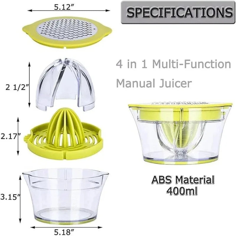 Exprimidor Manual de Cítricos 4 en 1 para Limón y Naranja con Taza Medidora Integrada y Rallador