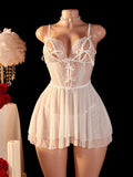 Babydoll de Malla Transparente con Cordones y Volantes para Mujer