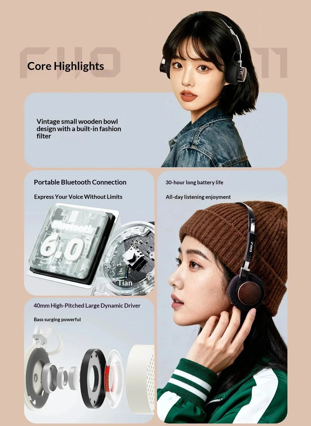 Auriculares Fiio Eh11 Retro Over-Ear Bluetooth con Controlador Dinámico Grande de 40 mm, Carcasa Mecánica, Auriculares con Audio de Alta Resolución Ldac